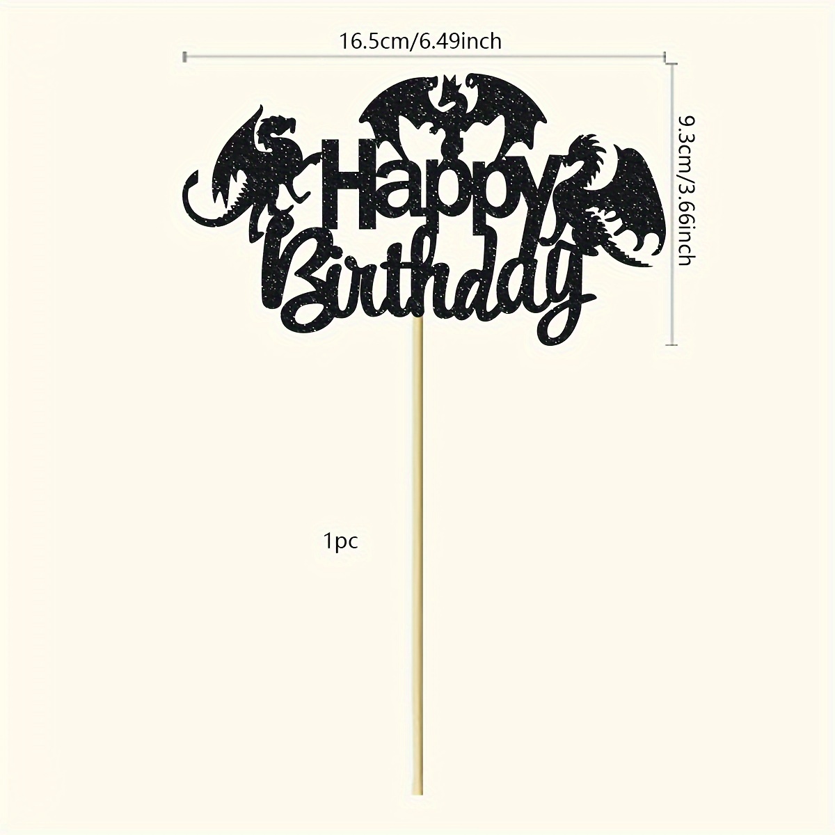 1pc Dragon Happy Birthday Cake Topper Black Glitter Dinosaur Cake Pick Decoration For Dragon Theme Birthday Party Supplies