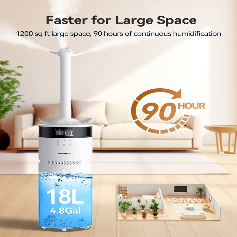 

18l Ultrasonic Humidifier For Large Rooms Up To 1200 Sq. Ft., Featuring 5 Mist Settings, Auto Mode, Humidification, Includes 2 Extension Pipes For Silent . Ideal For Babies, Families, And Plants