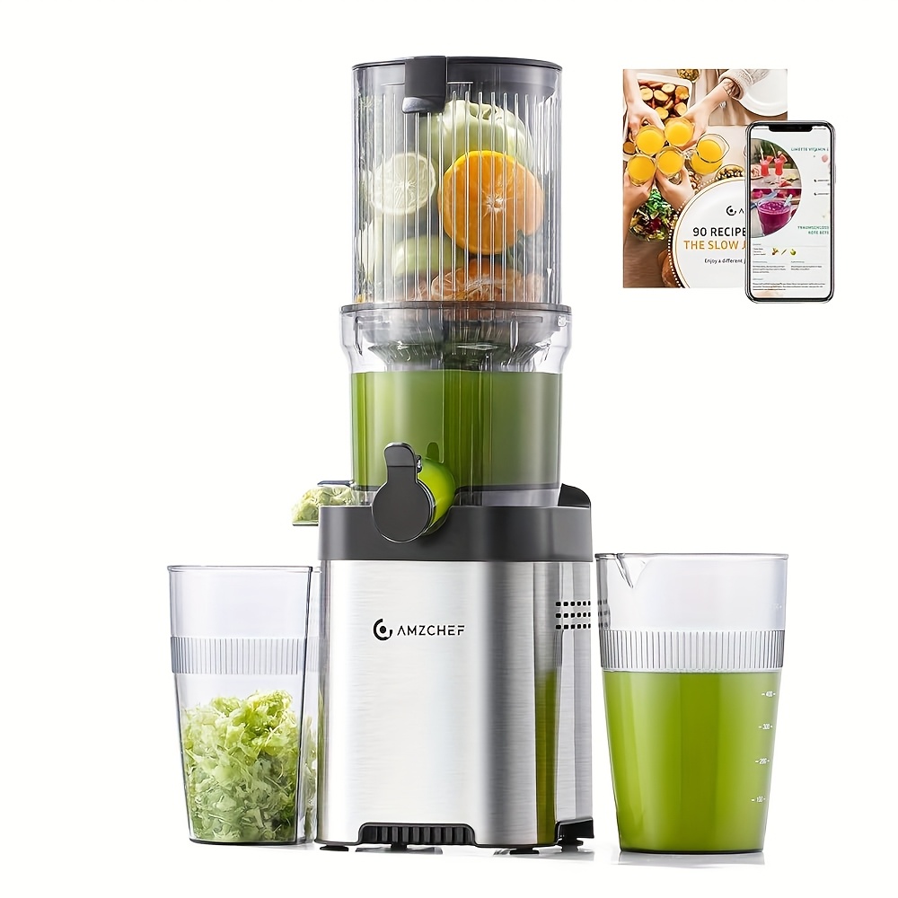 Amzchef 113mm Vertical Slow Juicer | Extractor For Whole Fruits And Vegetables | For Pre-cutting | Stainless Steel Cold Press Juicer For Nutritious Juice And Nutrient Preservation | Silver