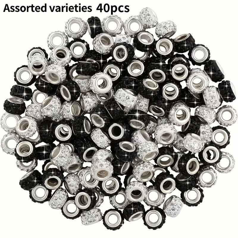 TEMU 40pcs Perles aléatoires noires et blanches en résine de style européen à grand trou, perles de bijoux, collier, bracelet, perles décoratives