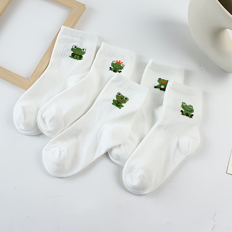 TEMU 5 Pairs Of Cute Cartoon Frog Simple And Trendy Comfortable Breathable Soft Sports Casual Socks