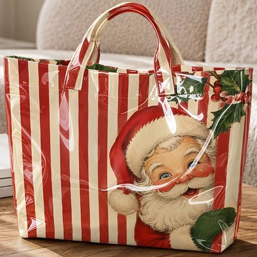 1pc vintage christmas tote bag suitable for shopping large capacity pvc handbag with santa claus holly print red white striped shoulder bag for daily weekend strap no closure