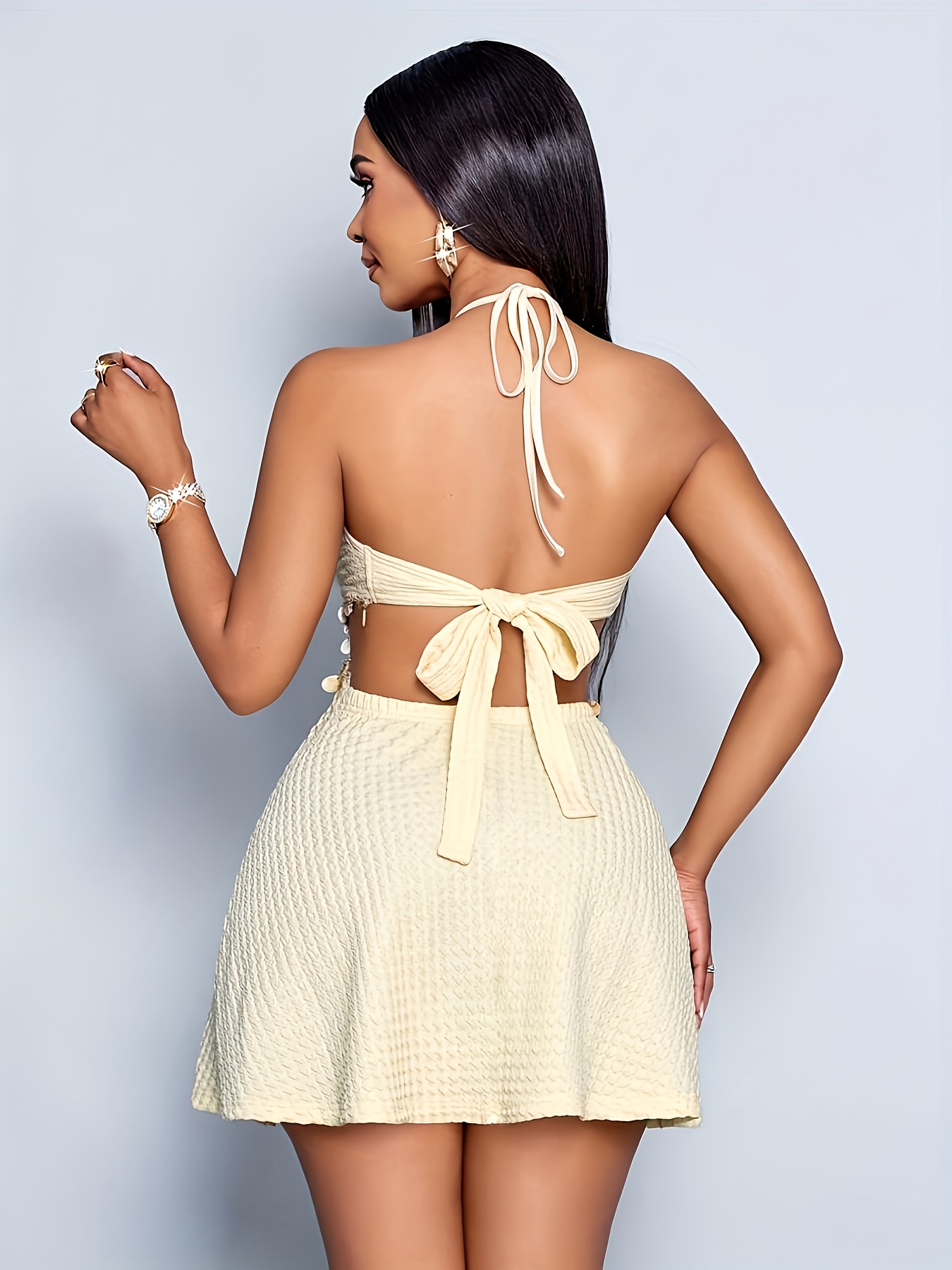 Women's Hawaiian Beach Dress, Casual Hollow Waist Fringe Backless Sleeveless, Spring/Summer, Solid Color