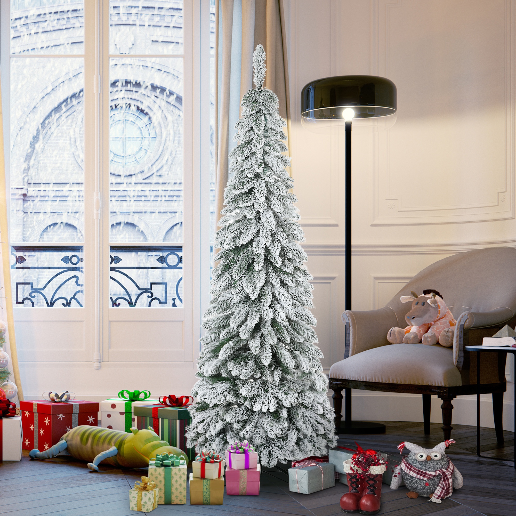 TEMU Homcom 6' Slim Space-saving Artificial Christmas Tree With Sturdy , Pre-decorated With White & Golden Ornaments, Heavy-duty Metal Construction,