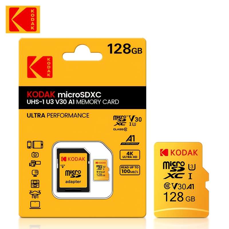Kodak Yellow High Speed Tf Memory Card 64gb 128gb With Adapter, High Speed Tf Memory Card Is Suitable For Tablet, Camera, Mobile Phone, Laptop, Car Stereo, Game Console