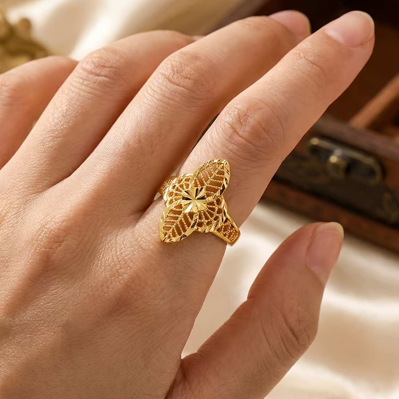 luxury gold plated copper ring adjustable open finger ring hollow out   leaf pattern elegant statement jewelry gift for women