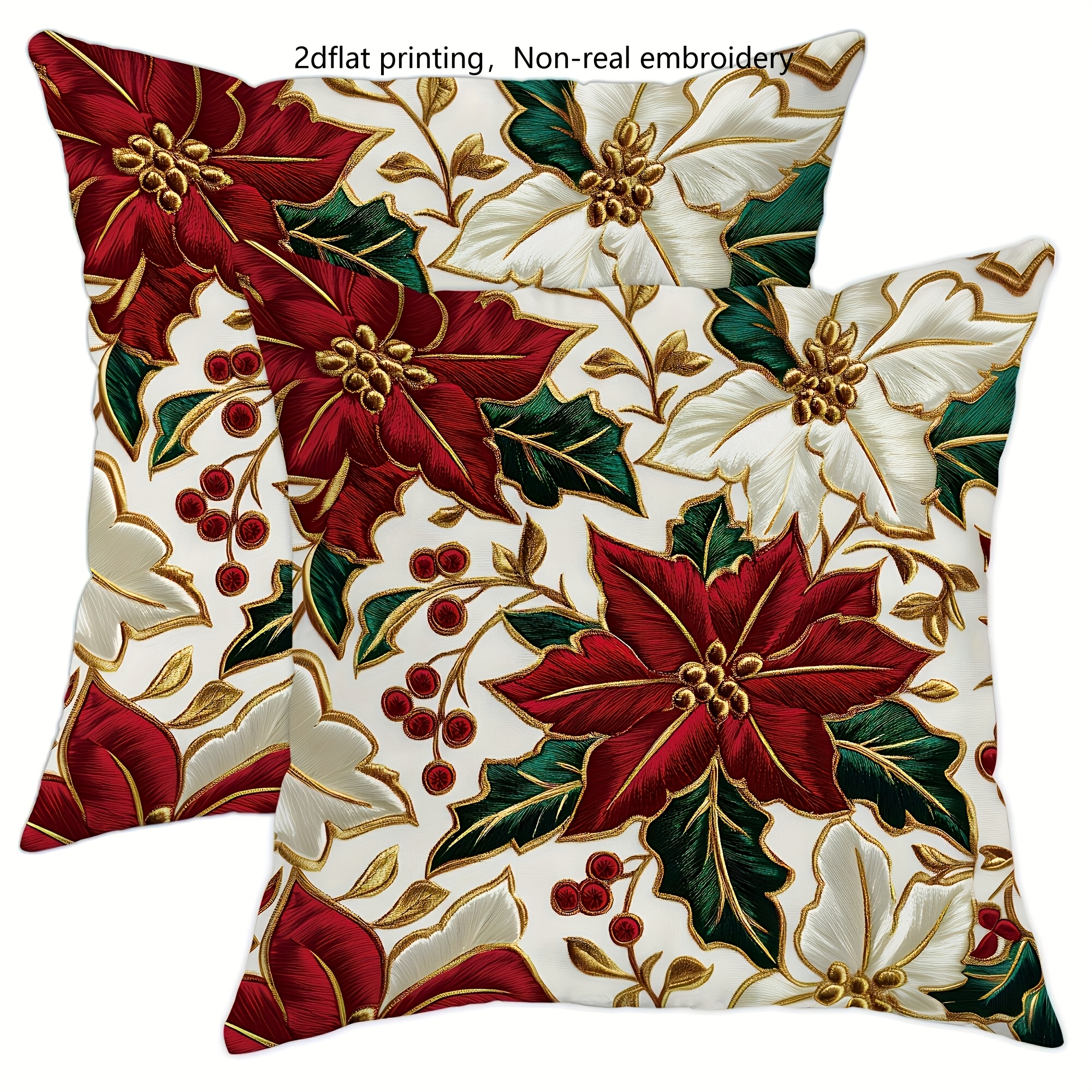 TEMU 2d Flat Printing, 2pcs Set Holiday Christmas Potted Plant And Holly Pillow Covers - Soft And Comfortable, Red, Green, And Golden Decoration,