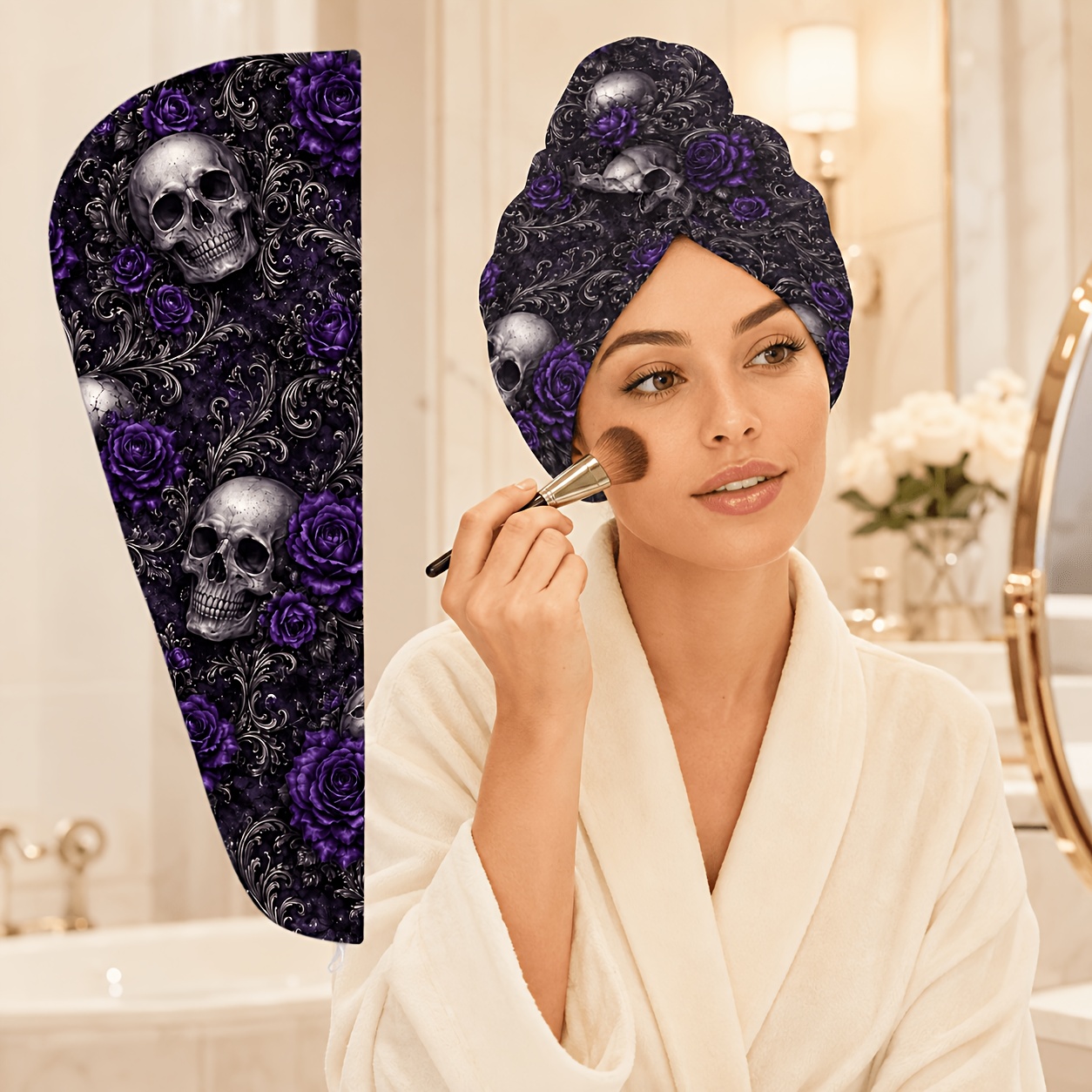 TEMU 1pc Women's Absorbent Quick-dry Hair , Soft Microfiber Headband, Pattern, Button-fixed Long Hair Towel Scarf, Suitable For Showering, Face