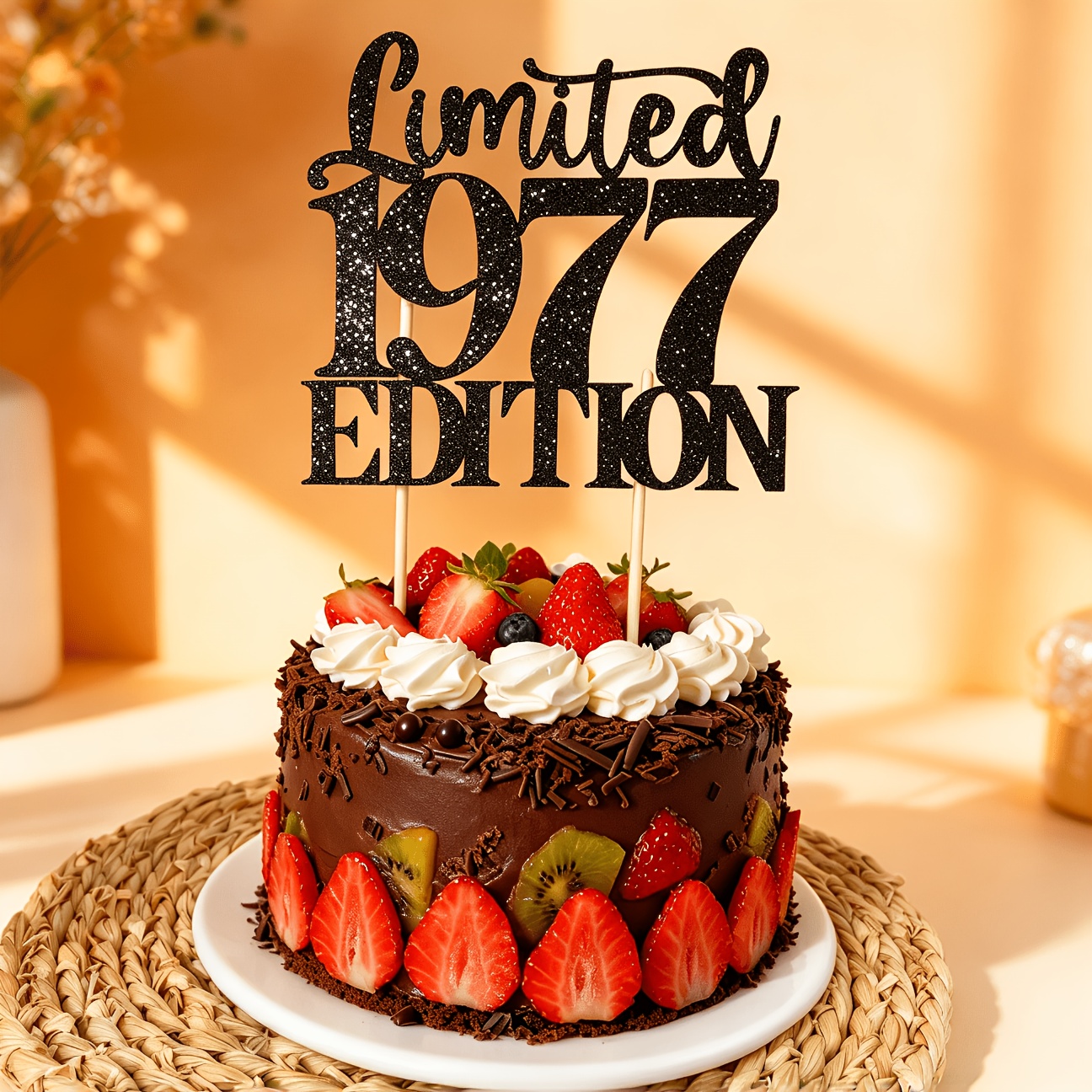 Image of Edition 1976 Black Glitter Cake Topper For Birthday, Handmade Black Cake Decoration (1pc) - Perfect For Christmas, Thanksgiving, And 50th Birthday Prep For Her Him