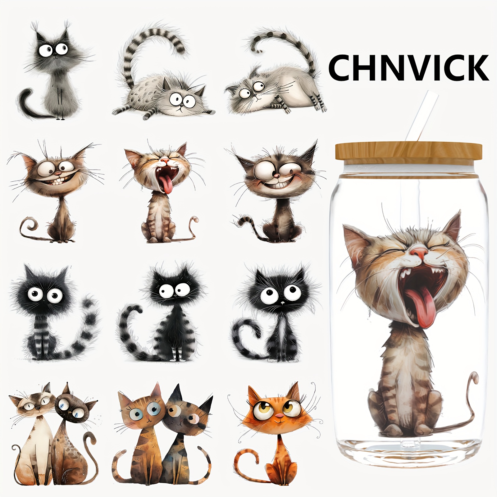 Set Of 12 Unusual Cat Uv Dtf Stickers Designed For Water Bottles And Cups, Suitable For 16oz Glass Jar Packaging - Uv Dtf Transfer Wraps (glass Not Included)
