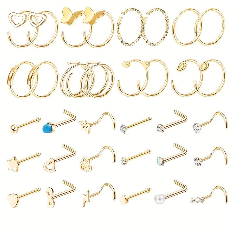 TEMU 34pcs 22g Nose Rings For Women Men Surgical Steel Nose Piercings Nose Rings Hoops Lshaped Nose Rings Stud Screw Hypoallergenic Body Piercings