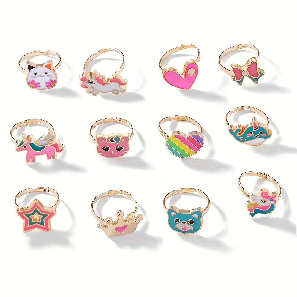 TEMU 12pcs Youngters Unicorn & Kit - 1 -plated Alloy Adjustable Birthday/party Suitable For &, Multi-pack (12 Rings) For &, Holiday Gift