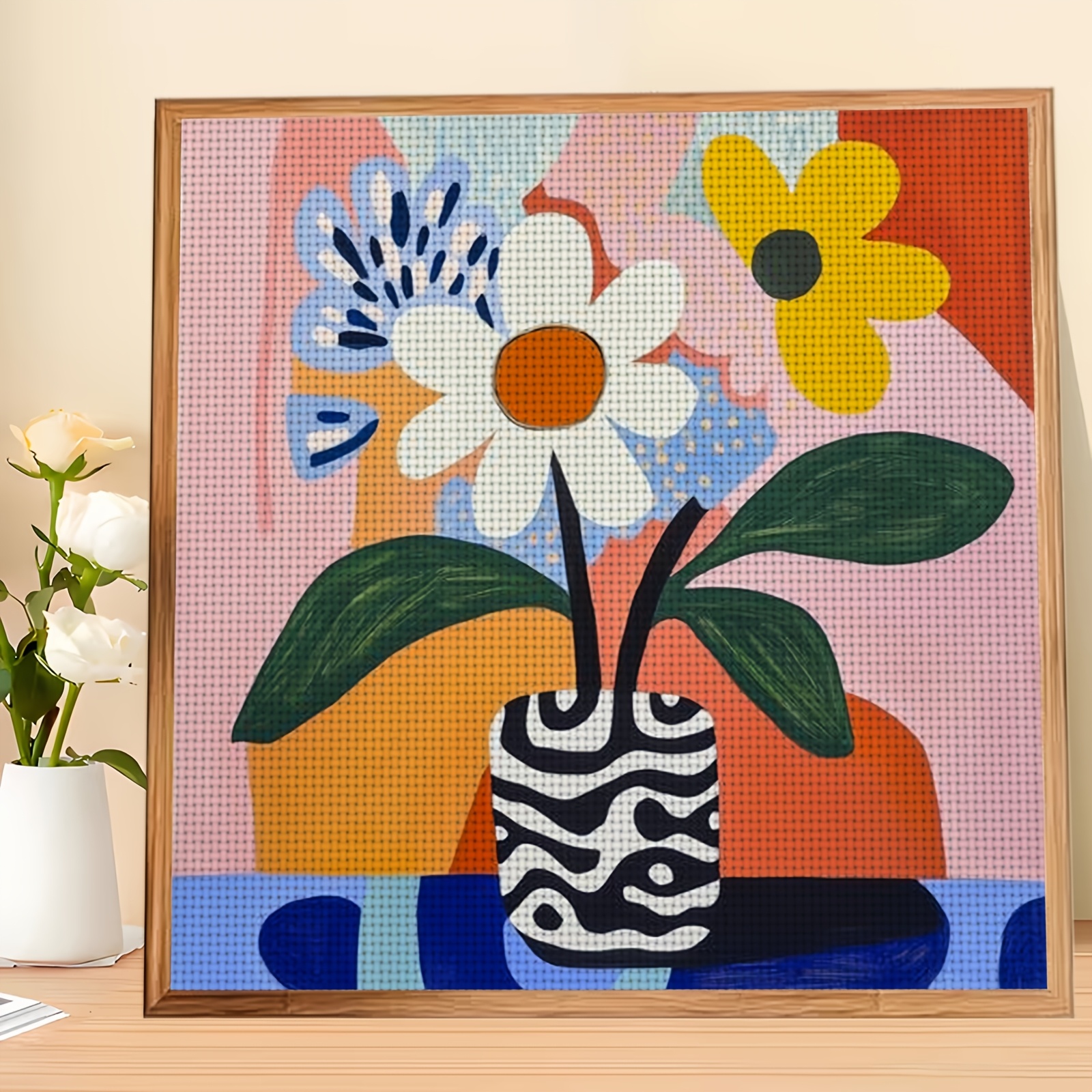 TEMU 1pc Diy Stitch Print Kit, Frameless, "black And White Floral Vase With Colorful Flowers" Pattern, Beginners To Relax And Craft, Experience The