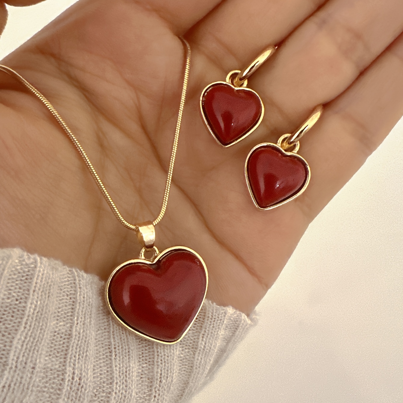 TEMU 3-piece Fashionable And Elegant Red Heart Pendant Necklace And Earrings -one Jewelry Set, Holiday Gift For Women, Suitable For Daily Wear,