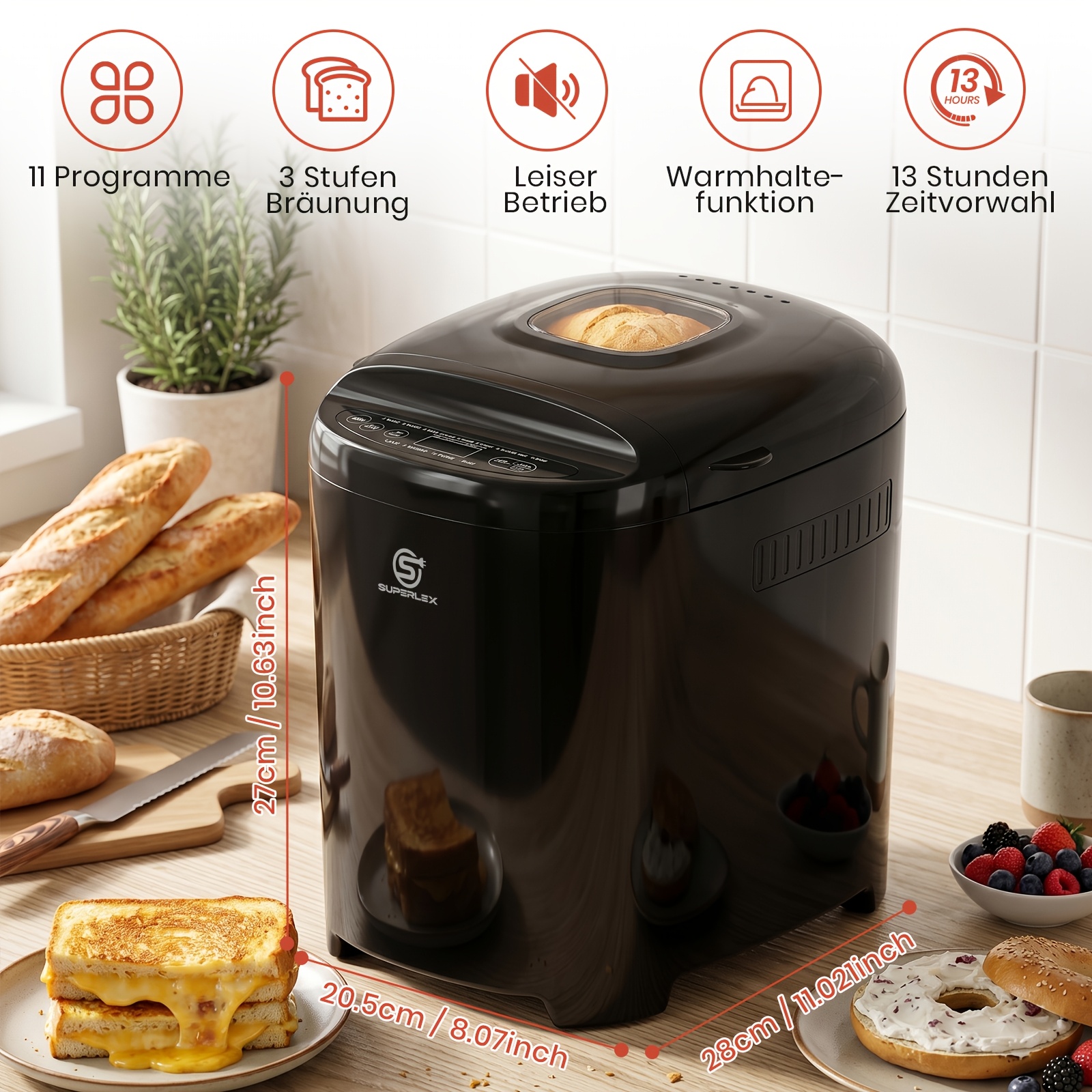 TEMU Machine à Pain Multifonction SUPERLEX avec 11 Menus de Cuisson, Double Tailles 700g/900g, Écran LCD, Minuterie à de 13 Heures, Garde au Chaud 1