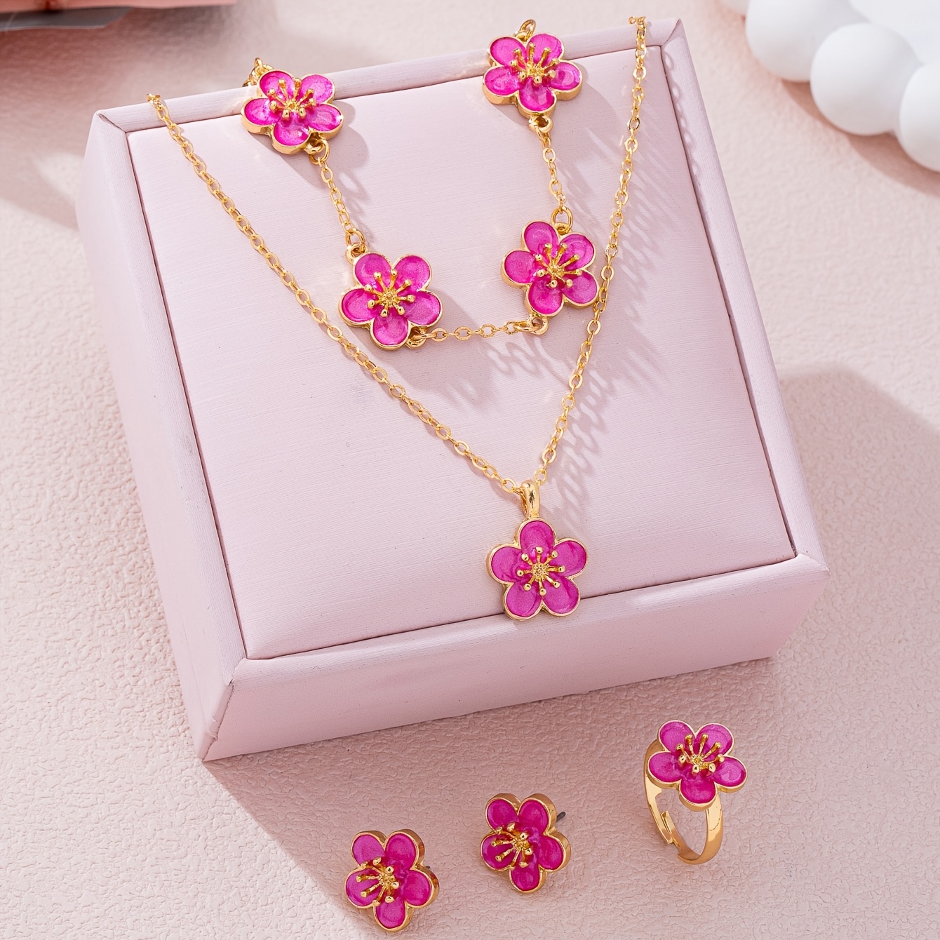 TEMU Fairy-style Purple Flower Resin Jewelry Set, 4pcs Set: Necklace, Bracelet, Ring, And Stud Earrings, Unique Niche Design Accessories