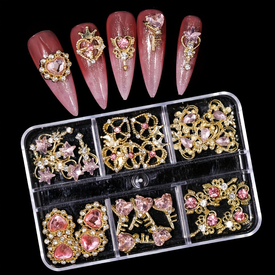 

30-piece Pink Alloy Nail Art Charms Kit - Diy Nail Decoration Accessories For Women, Unscented Nail Bling With Rhinestones And Jewelry Accents