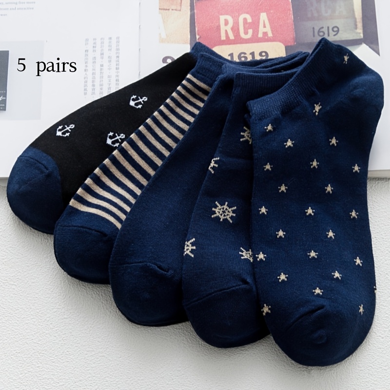 TEMU 5 Pairs Men's No Show Socks, Nautical Style Low Cut Ankle Socks, Breathable Non-slip Socks, Navy Blue Striped Anchor Socks, Casual Socks, Daily