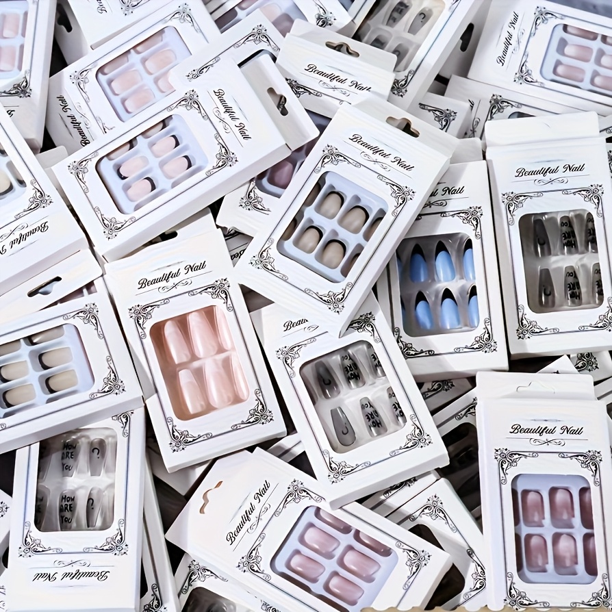 Image of 144pcs (6sets) Random Press On Nails Stylish Almond Shape Mixed Color Glossy End Middle Length Ideal For Women And Nail Art Essentials Look Rhinestone Embellishments False Nails For Manicure