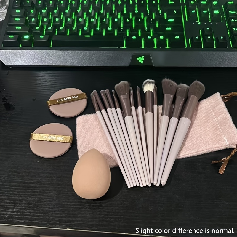 TEMU Professional Makeup Brush Set, 13pcs Brushes And 2pcs Round Puff And 1pc Makeup Egg And Storage Bag. Soft Nylon Bristles, Suitable For Types,