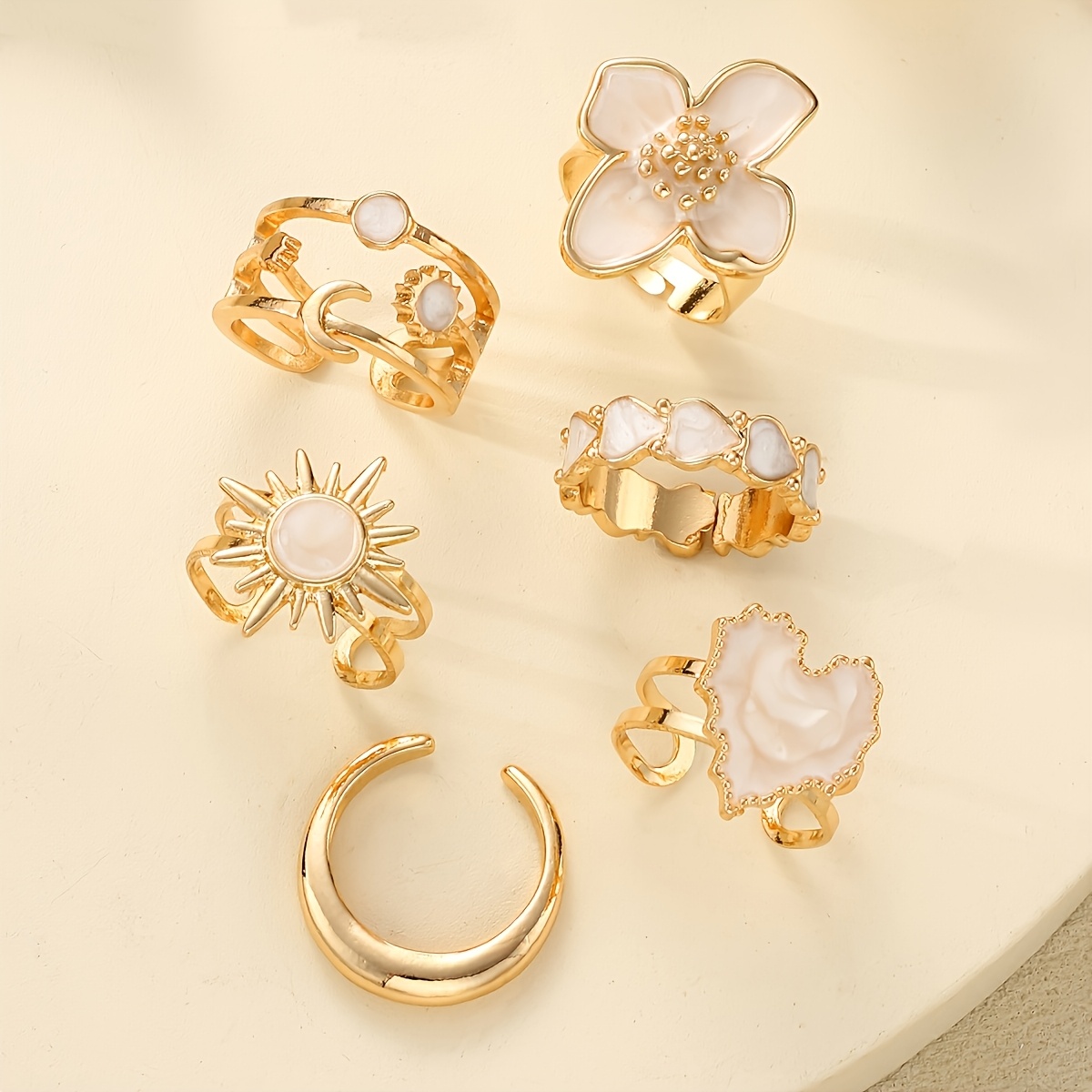 TEMU Juego de 6 piezas de anillos abiertos chapados GLUMANFV para mujer - Forma de , luna y flor, adecuados para uso diario, vacaciones en la playa,