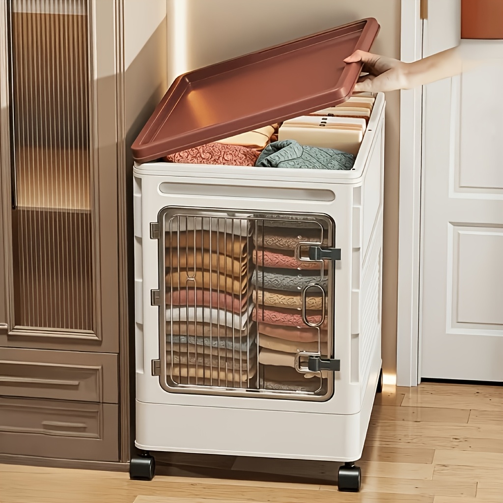 TEMU Wheel Folding Storage Box, 23.6 Inch Large Capacity Stackable Organizing Cabinet, Double Door Side Opening Plastic Storage Cabinet With Lid,