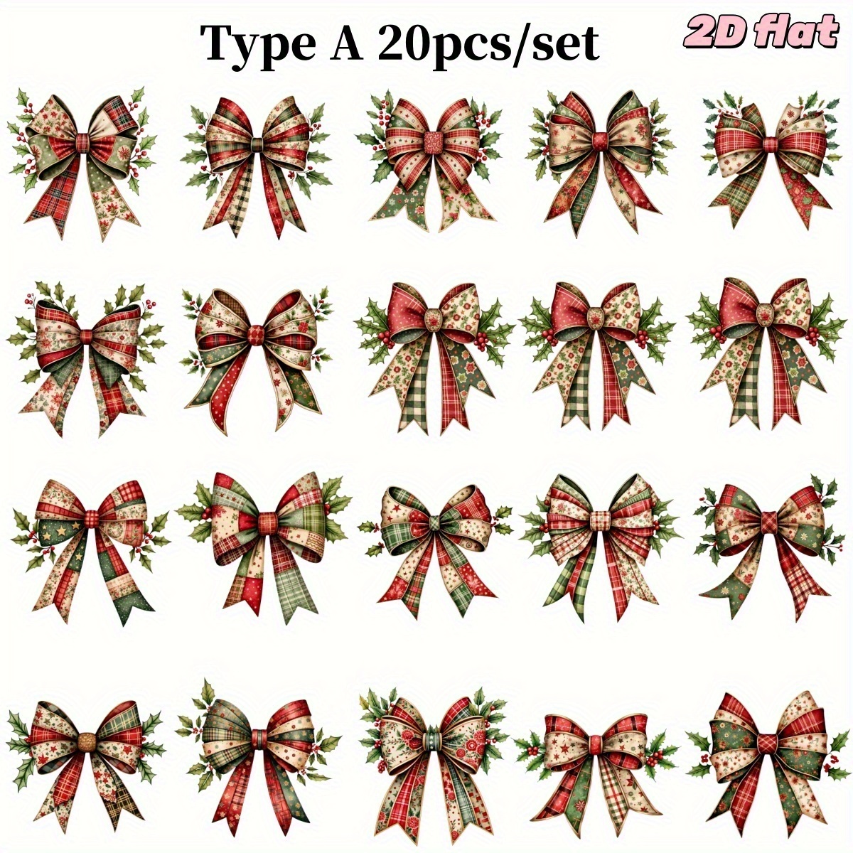 TEMU 20pcs/set Handmade Creative Christmas Splicing Bow Series 2d Flat High Quality Stickers, 2d Flat