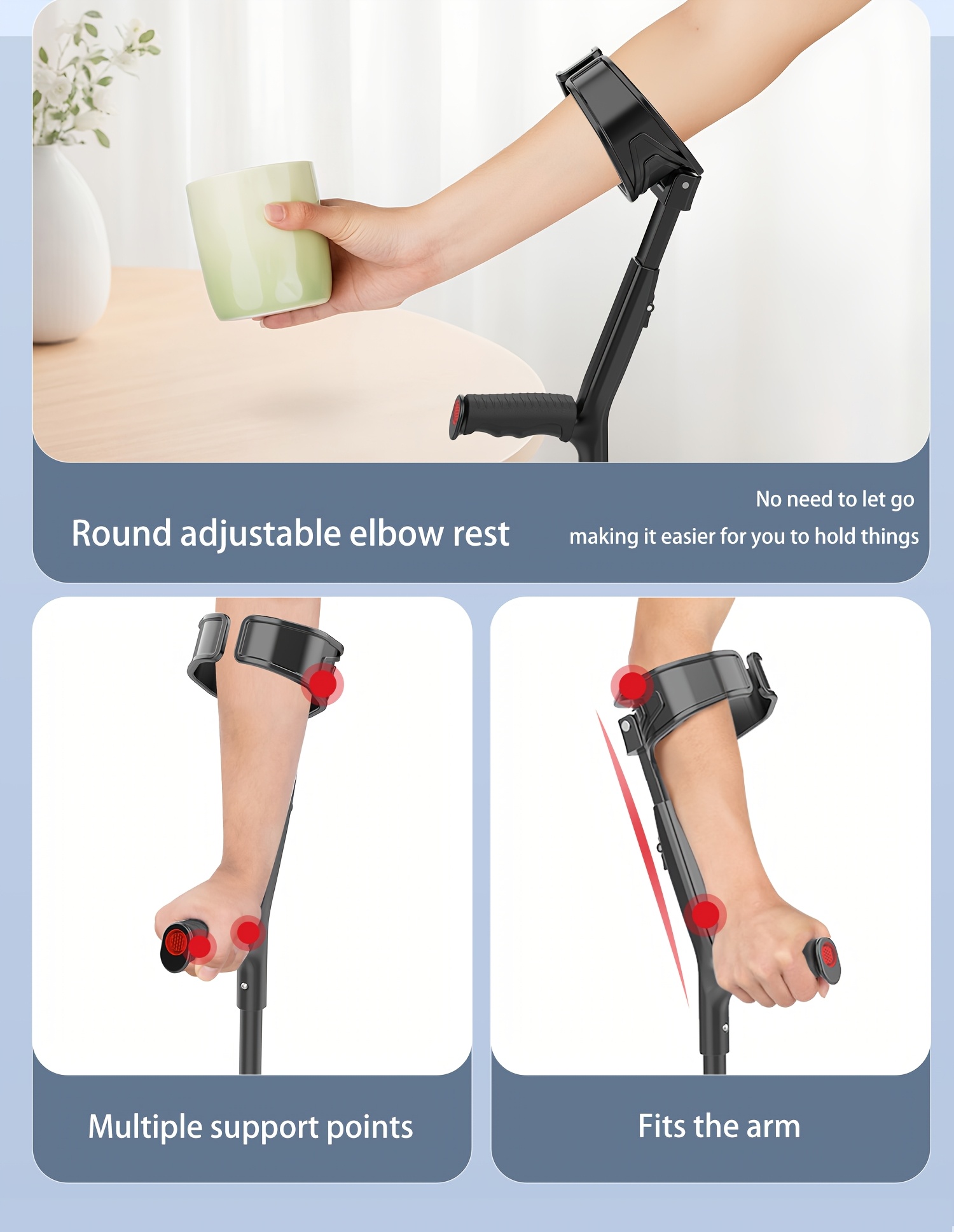 Rotatable Elbow Crutch, Portable Foldable Telescopic Elbow Rest, Rehabilitation Assistive Elbow Cane, Multi-Point Support Comfortable Underarm Crutch