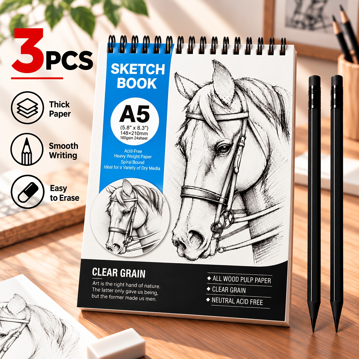 TEMU 3pcs A5 Sketchbook With 2 Black Drawing Pencils, 24 Pages Spiral Bound , For Sketching, Writing& , Back To School
