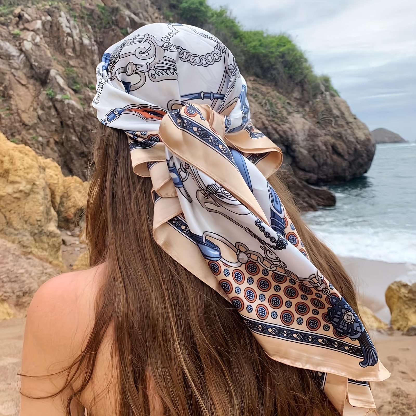 

35.43" Chain Printed Square Scarf Stylish Thin Satin Shawl Elegant Style Sunscreen Headscarf For Women