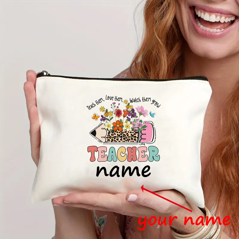 TEMU Personalized Teacher Appreciation Gift – Leopard Print With Colorful Pencils Design Zippered Pouch, Large Capacity Foldable Cosmetic Bag, Travel