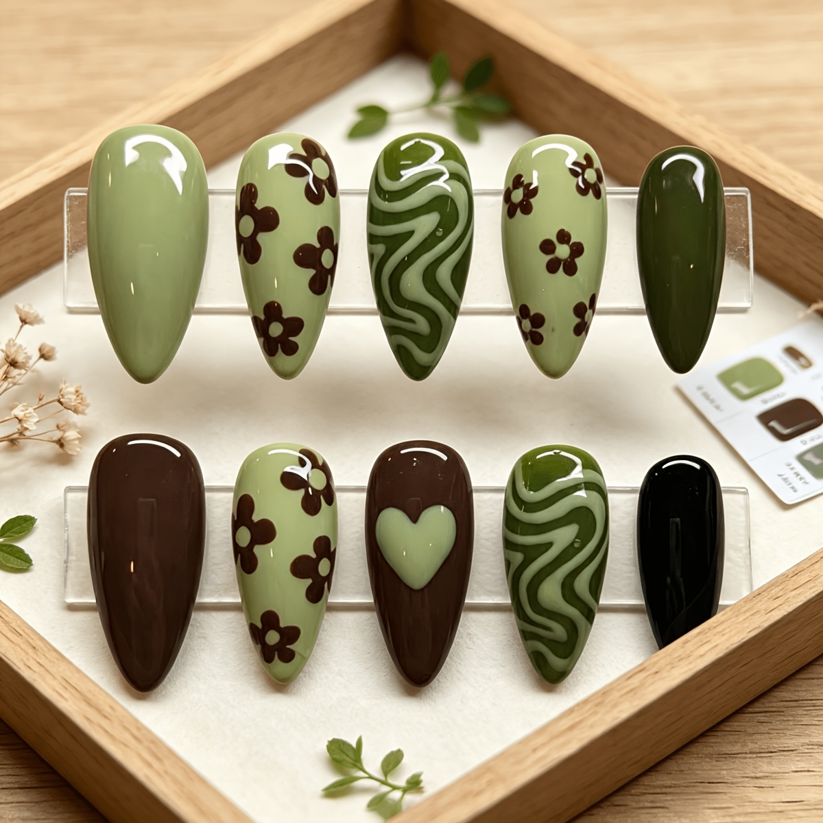 TEMU 10pcs Floral Press-on Nails, Autumn-winter Almond Nails, Vintage Hand-painted Small Nail Tips, Forest-style Fresh Detachable Nails, Green-brown