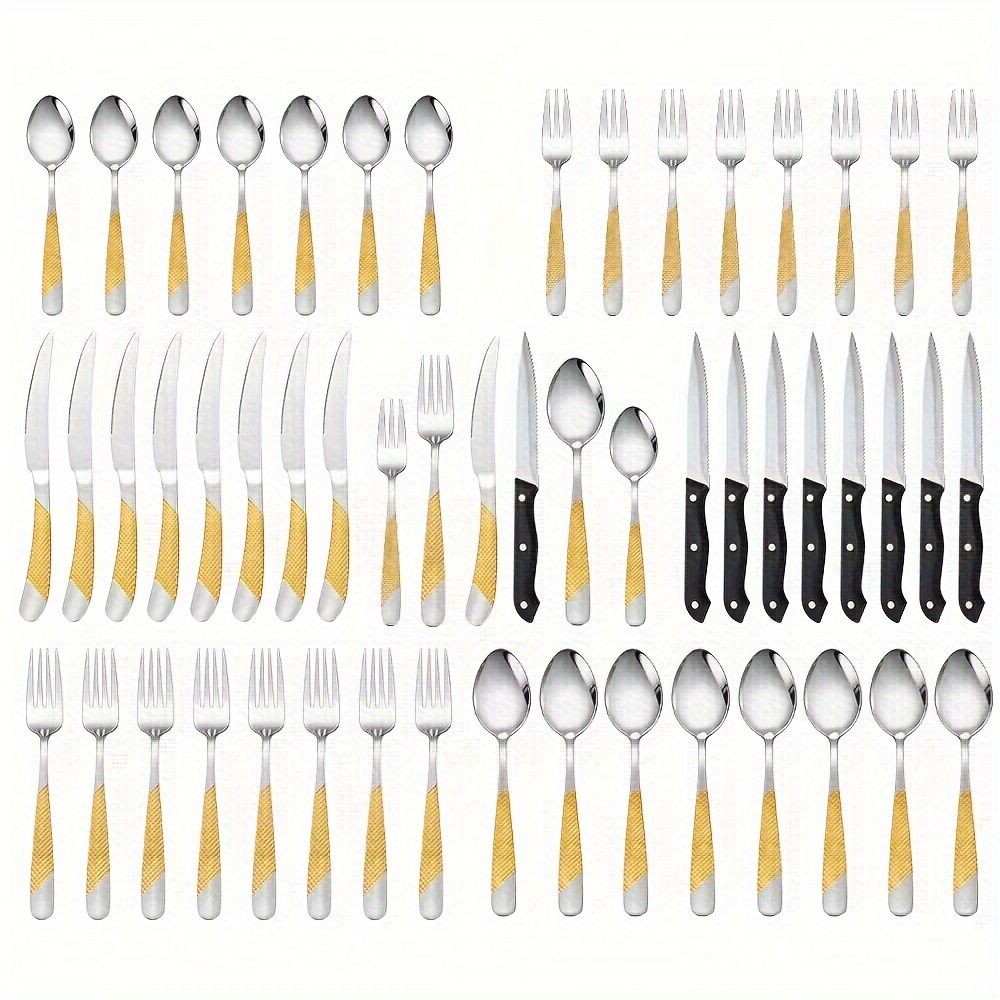 

48-piece Silver& Stainless Steel Silverware Set, Home And Kitchen Stainless Steel Knives, Forks And Spoons Set With Steak Knives, Checkered , Ideal For Restaurants, Hotels, Weddings, Parties