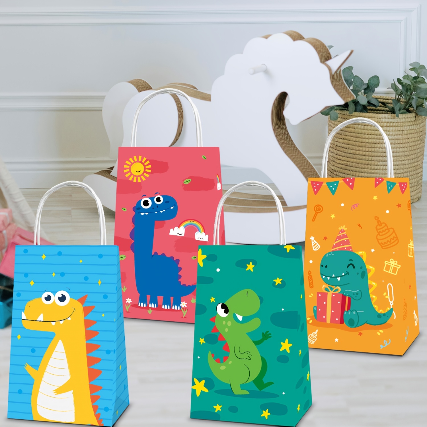 Image of 12pcs Cartoon Theme Dinosaur Design Portable Gift Bag With Portable Carrying Rope Suitable For Birthday Parties, Festivals And Other Occasions