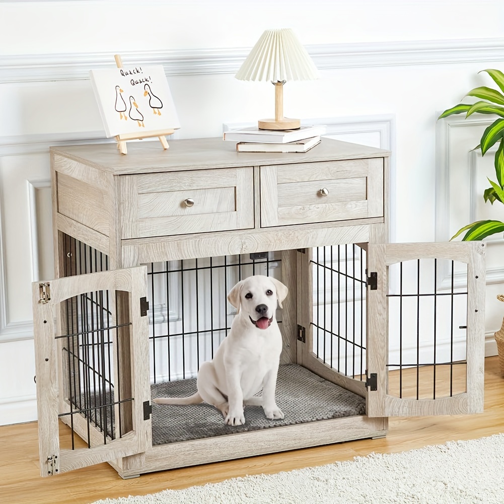 

Dog Crate Furniture With 2 Drawers, Large Furniture Style Dog Crate End Table With Storage Drawer, Wooden Dog House Kennel Indoor End Table Dog House