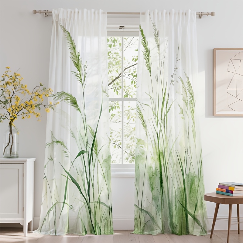 TEMU 2pcs Curtains, Watercolor Light Green Print Window Sheer, - Style, Fresh And Easy, Semi-sheer, Modern Minimalist