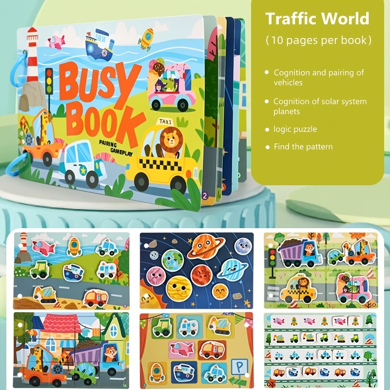 Image of Reusable Transportation-themed Busy Book, Fun Vehicles, Cards, Connecting Matching Puzzle Basic Cognitive , Seam Sensory Toy, Suitable As A Holiday Gift For Boys And Girls' Quiet Reading