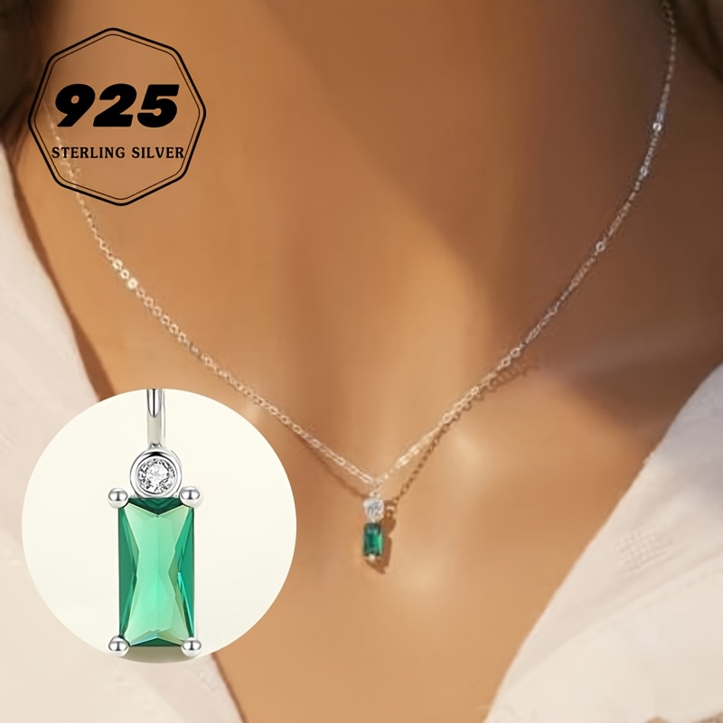 

Vintage 925 Silver Necklace Emerald Square Synthetic Zircon Necklace Literary Light Necklace Halloween & Christmas & Thanksgiving 1.95g/0.07oz