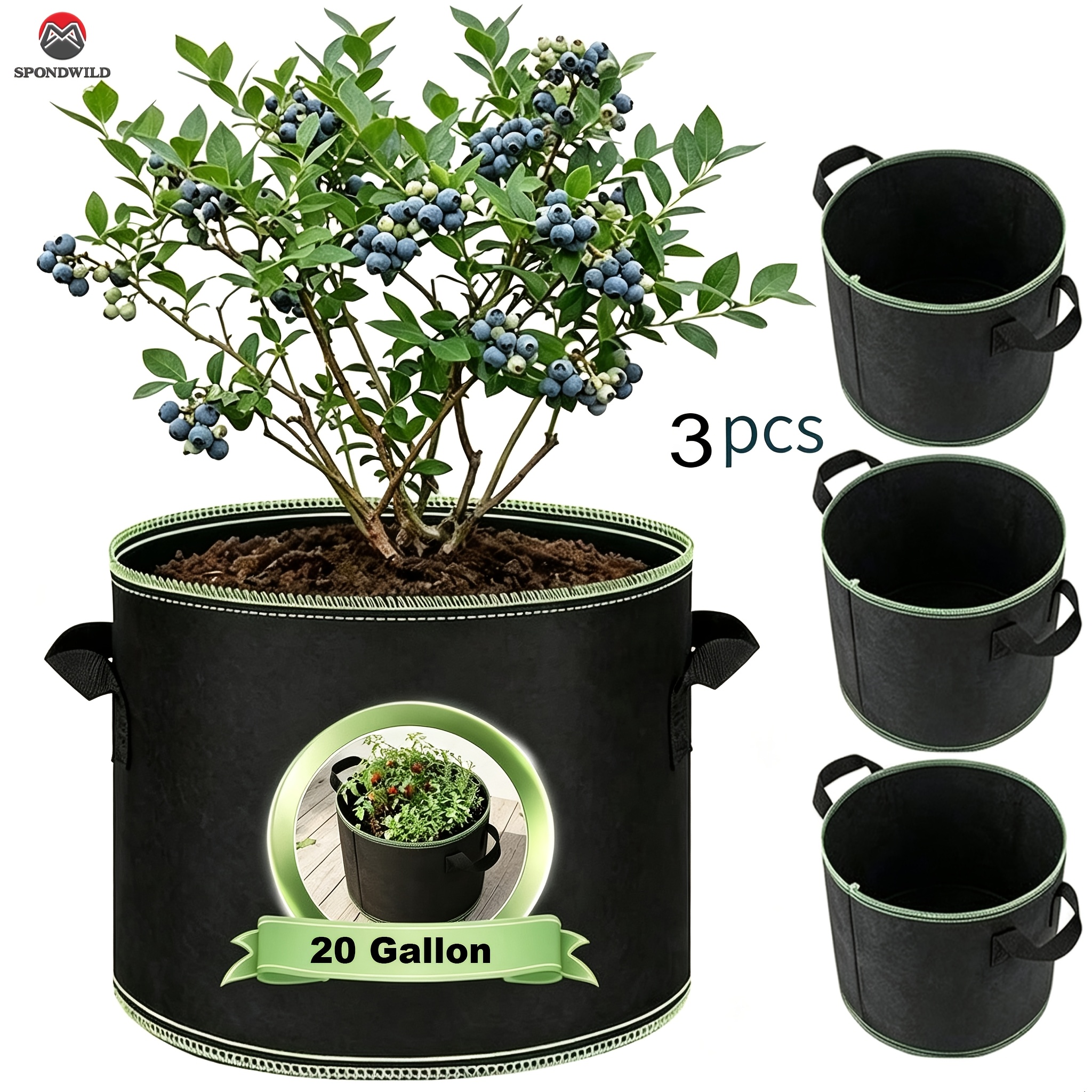 TEMU 20 Gallon Grow Bags 3pcs, Thickened Aeration Fabric Pots With Reinforced Handles, Garden Plant Bags For Tomatoes, Potatoes, Vegetables, Fruits,
