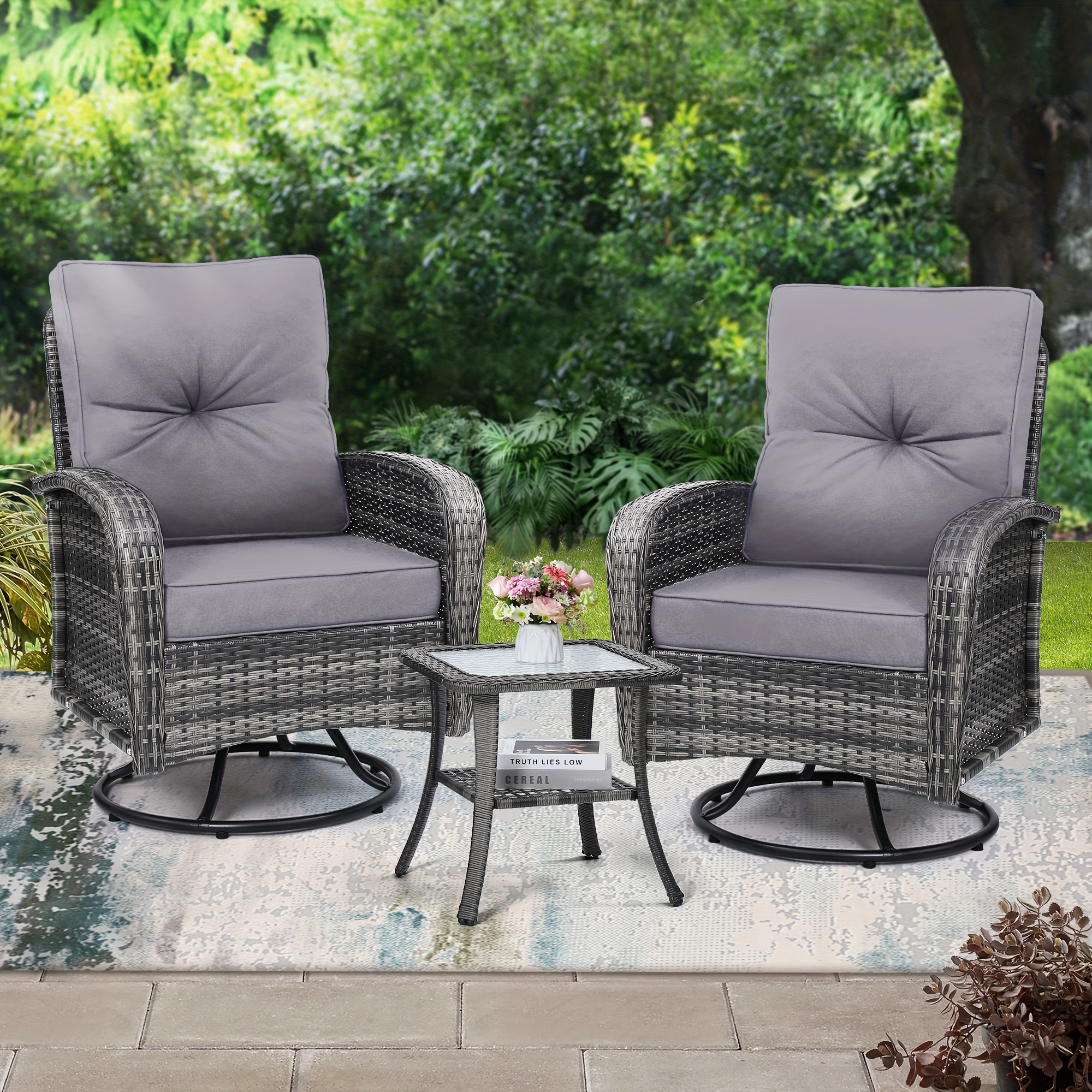 3pcs Patio Furniture Set, Outdoor Swivel Rocking Chairs with Glass Top Table and Thick Cushions for Porch, Deck, Balcony, Poolside, Patio Table And Chairs Set, Outdoor Dining Table And Chairs, Patio Chairs, Outdoor Furniture, Patio Set, Porch Seating, Deck Furniture, Cozy Outdoor Set, Swivel Chair, Garden Furniture Outdoor, Garden Chair, Outdoor Table And Chair Set, Bistro Patio Set, Patio Furniture Set Outdoor, Outdoor Patio Furniture Set, Small Patio Furniture Set, Front Porch Decor