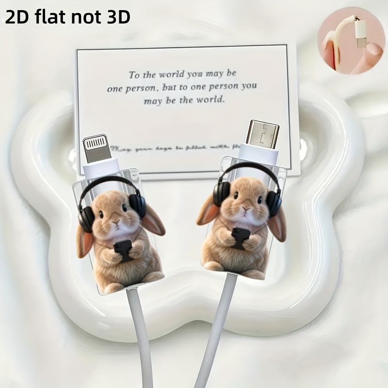 E-shop 2D Flach, 2 Stück Niedliche kleine Häschen mit schwarzen Kopfhörern Handy-Datenkabel-Hülle, bruchfest, beschädigungssicher, Type-C