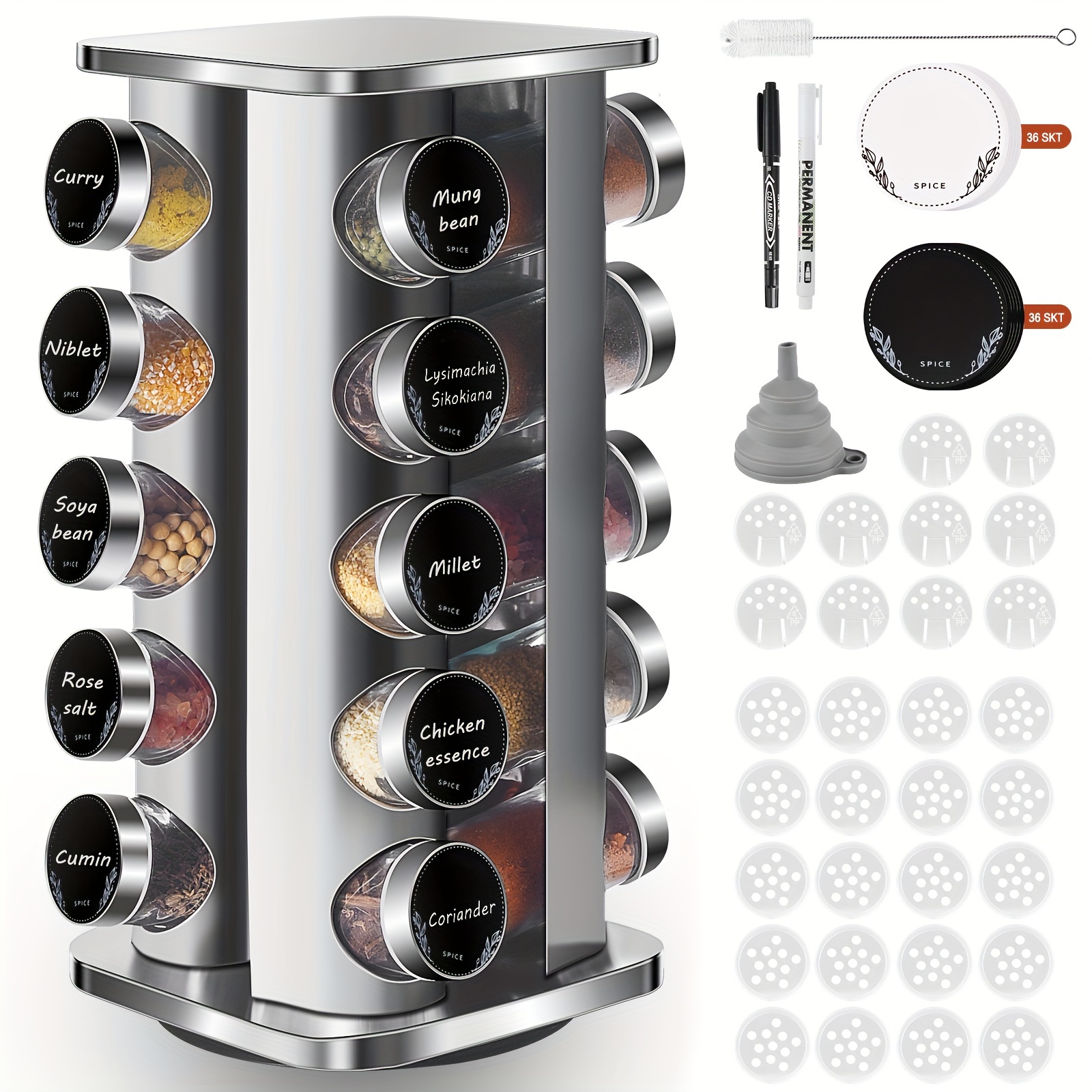 TEMU Étagère à Épices Miorkly, Étagère à Épices Multifonctionnelle Rotative pour Comptoir, avec 20 Pots à Épices en Verre et Couvercles, Grande ,