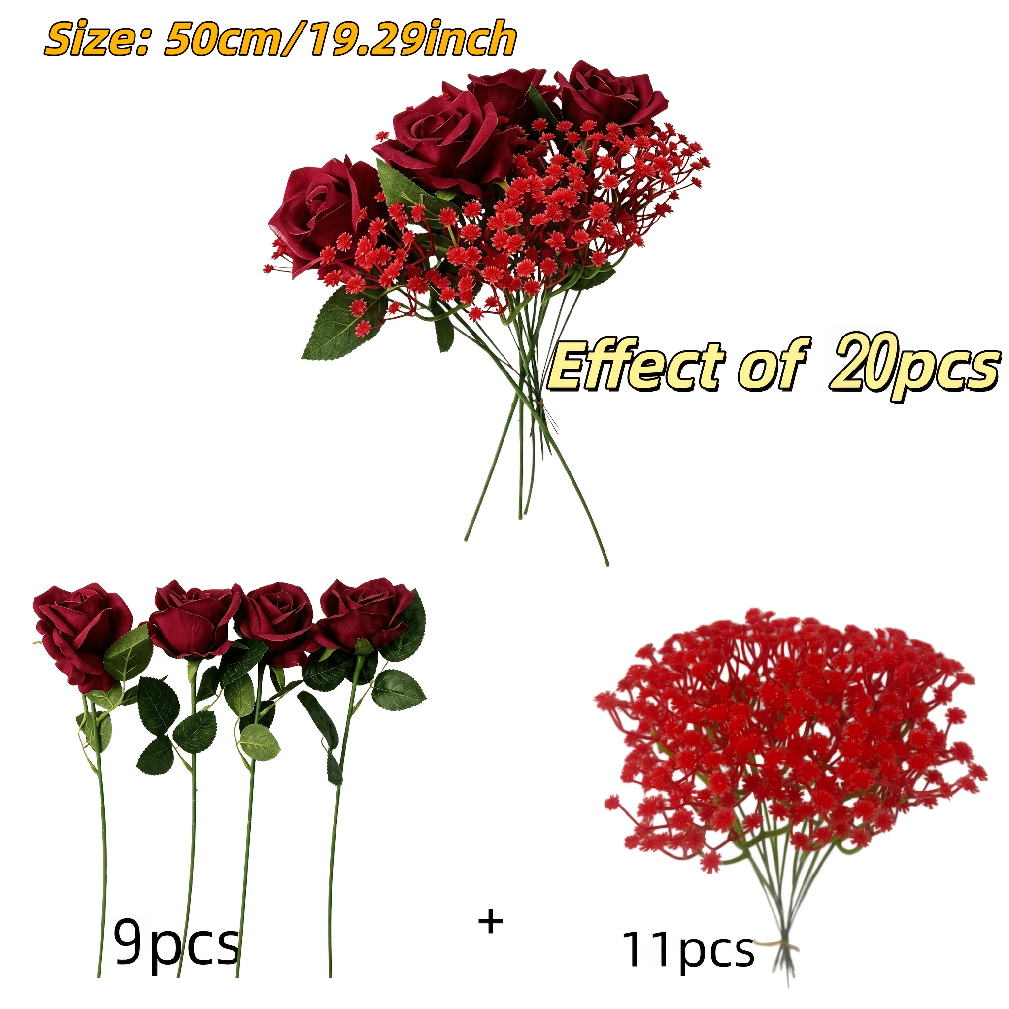 TEMU 20pcs - Realistic Roses And Baby's Breath. Includes 9 Burgundy Roses And 11 Red Baby's Breath. Multi-colored Long-stem Artificial Bouquet With