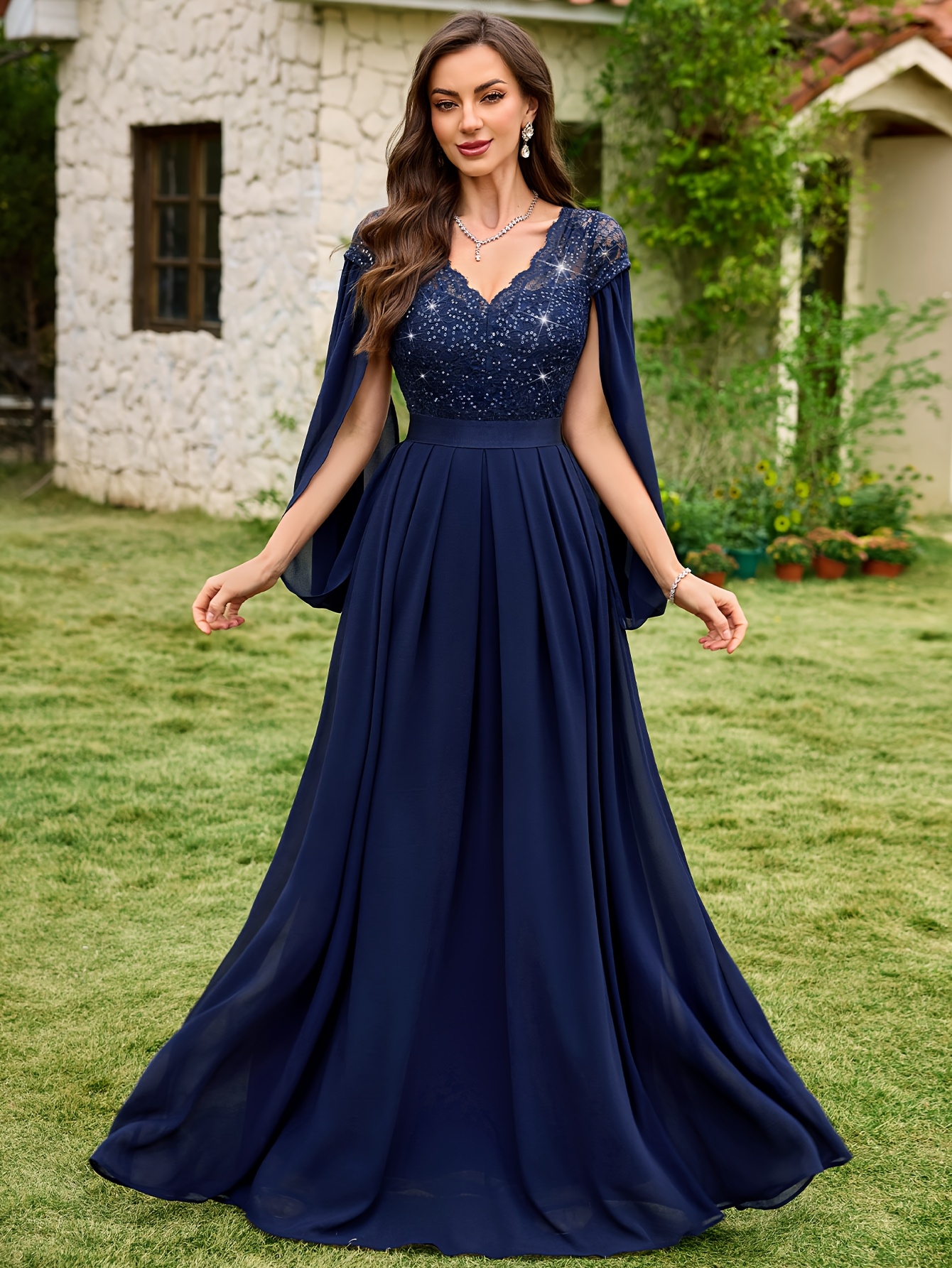 long elegant wedding guest dresses ever AMYRA|Long Sleeve Waist Chain Round Neckline Midi Chiffon Wedding  Guest Dress