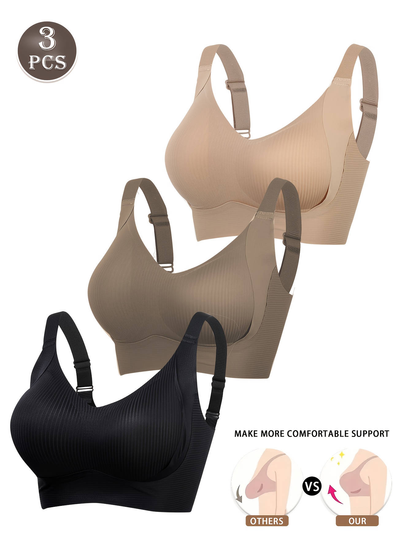a set of three womens seamless bras without wires designed for   and   accommodating different bust sizes offering full coverage preventing sagging and featuring a lifting bandeau style made from nylon