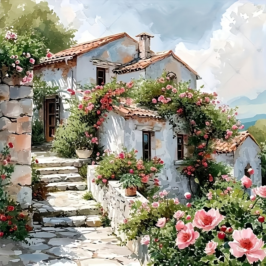 Image of 1pc Round Diamond Painting House Flowers Theme Picture 5d Diamond Painting Kit Frameless Decorative Gift Birthday Present Diamond Mosaic Adult Beginner Kit