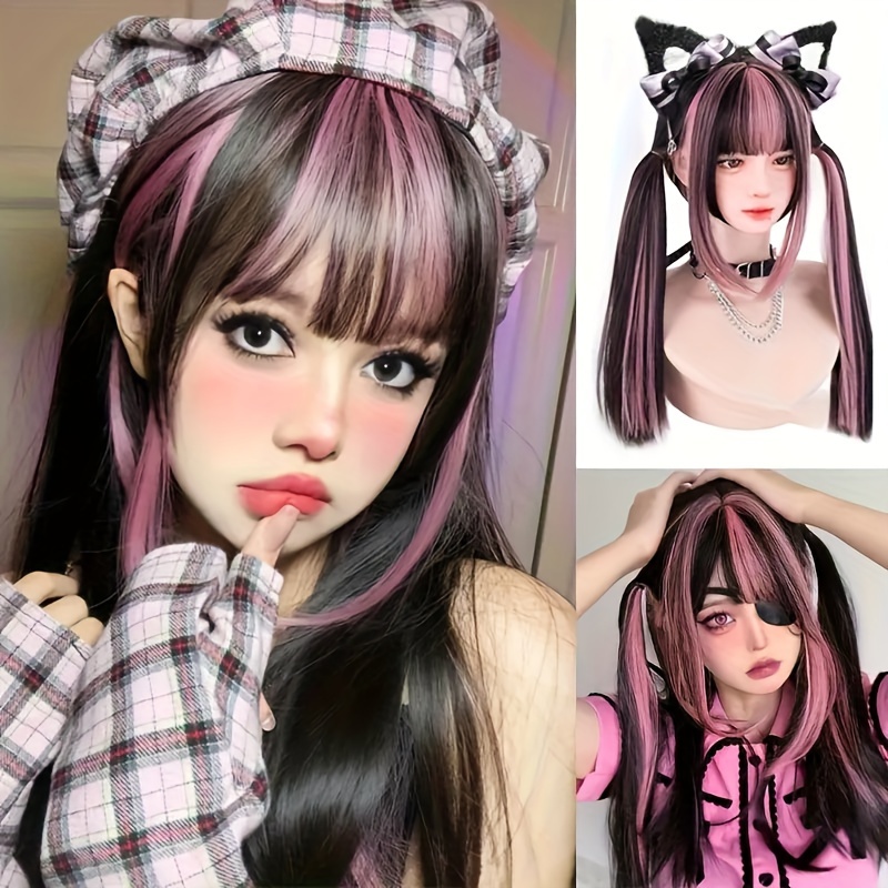 

Chic Black Wig With Pink Highlights For Women - Long Straight, Heat-resistant Synthetic Hair For Cosplay, & Christmas Parties