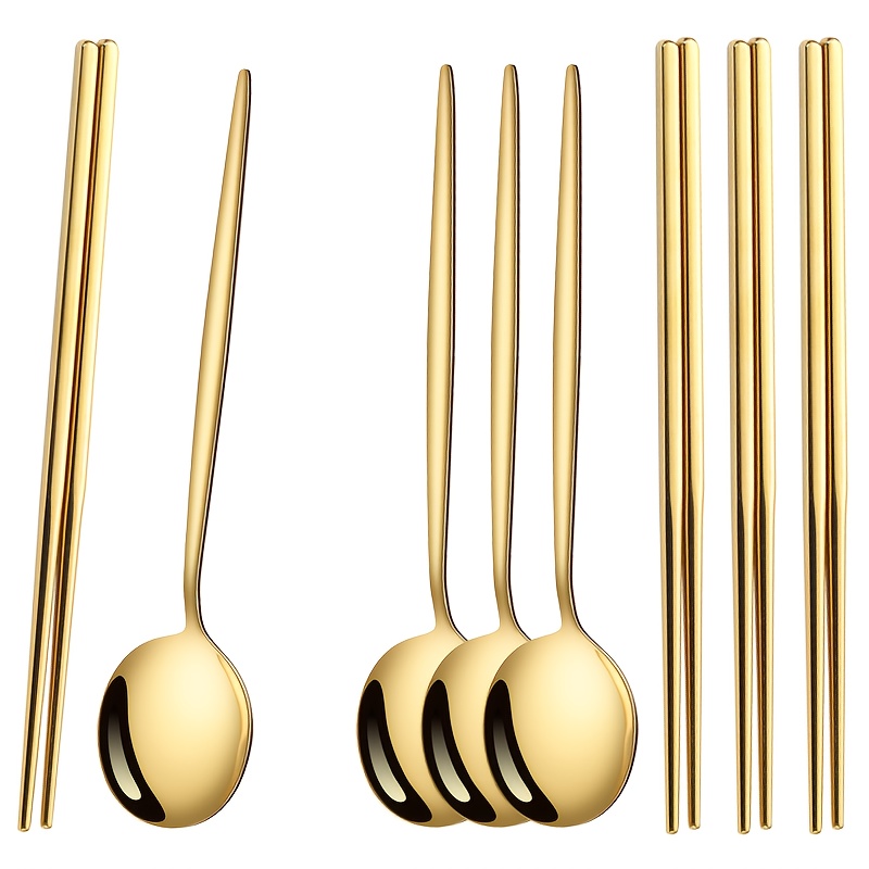TEMU 8pcs Elegant Stainless Steel Cutlery Set, Mirror Polished - Includes Spoons And Chopsticks, Home Dining Picnic Supplies, Kitchen Utensils,