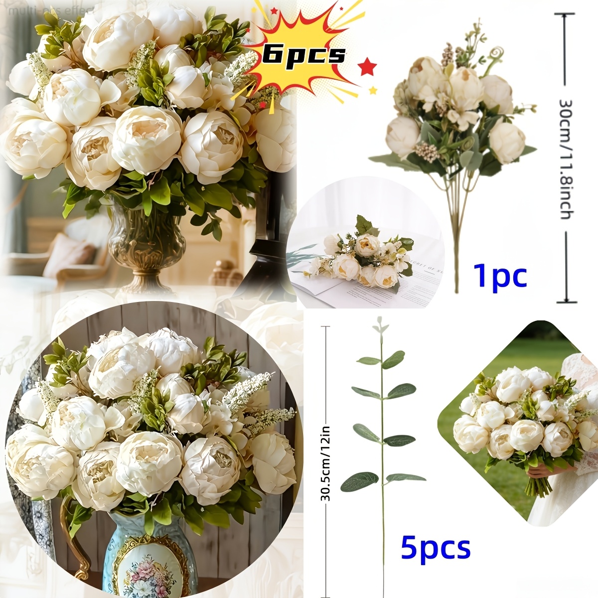 TEMU 13flowers=1 pièce Bouquet de pivoines artificielles blanc crème, avec 5 feuilles artificielles de plante argentée, texture fine, résistant à la