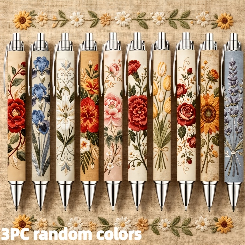 TEMU Penna a sfera a con stampa ricamata vintage a fiori famosi nel mondo, confezione casuale da 3 pezzi. Penna gel con stampa , , penna elegante per